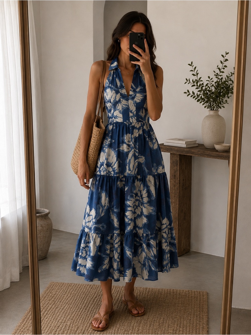 Donna Karan NY Blue Floral Halter Maxi Dress Tiered Summer Dress 4